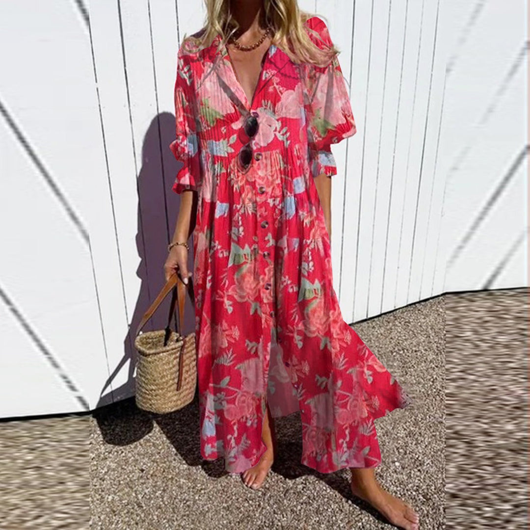 Calista – Pink Floral Maxi Dress with Half Sleeves
