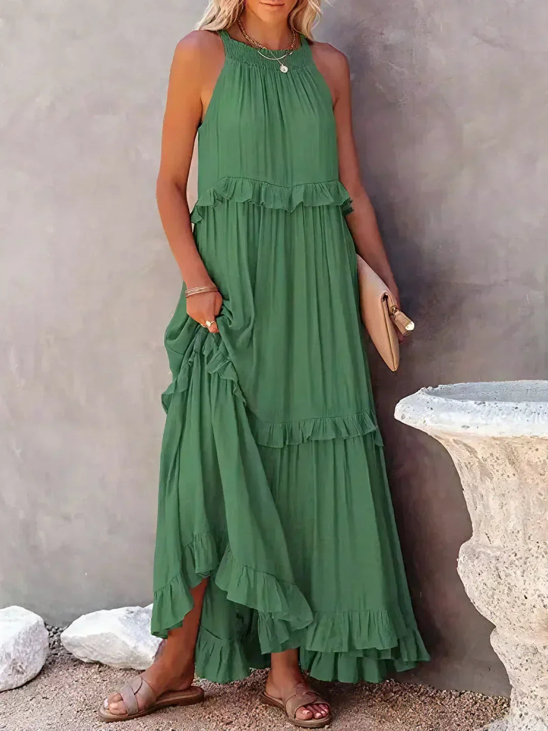 Elidi – Sunshine Breeze Halter Ruffle Maxi Dress with Pockets