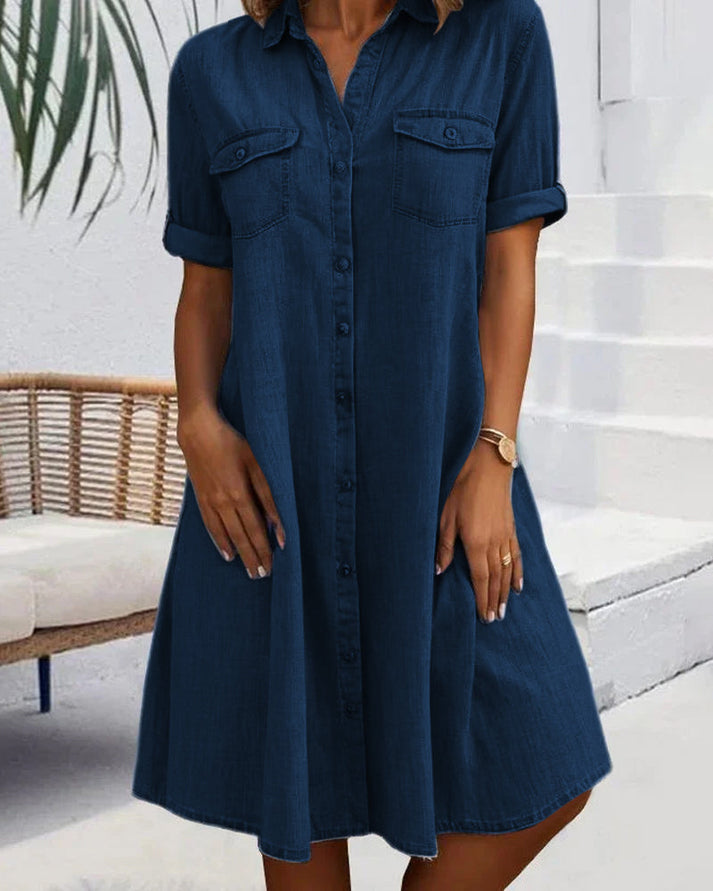 Elara – Short Sleeve Button Denim Dress