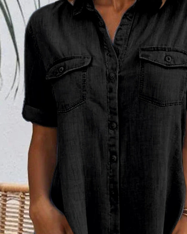 Elara – Short Sleeve Button Denim Dress