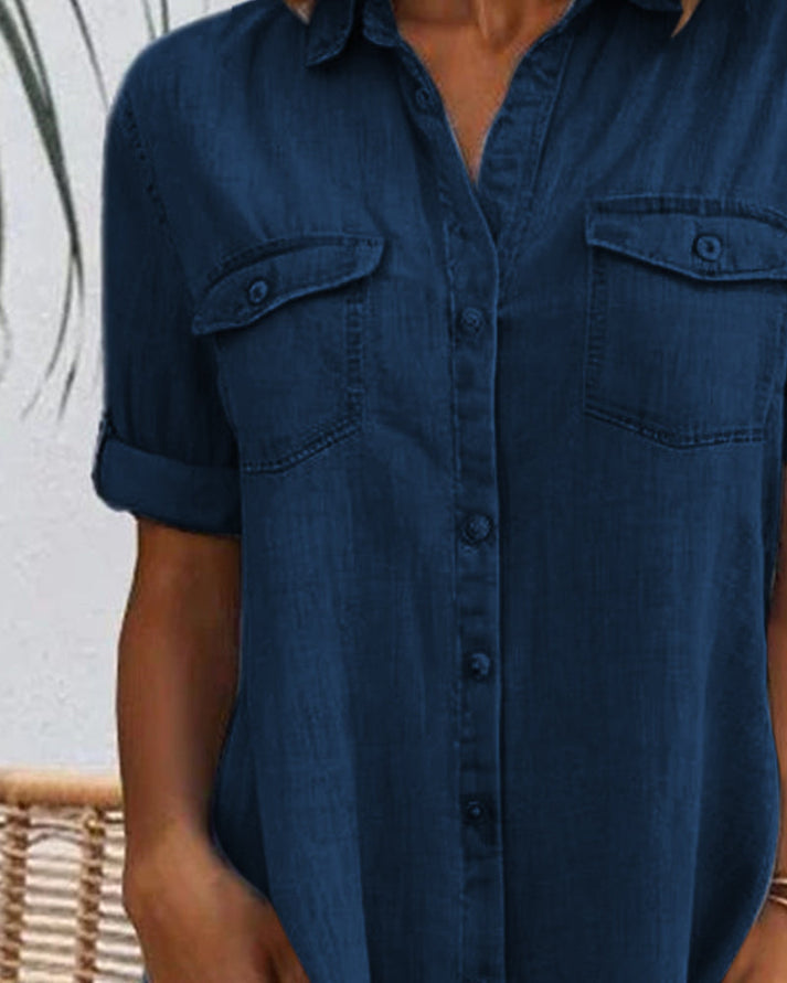 Elara – Short Sleeve Button Denim Dress