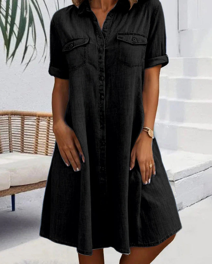 Elara – Short Sleeve Button Denim Dress