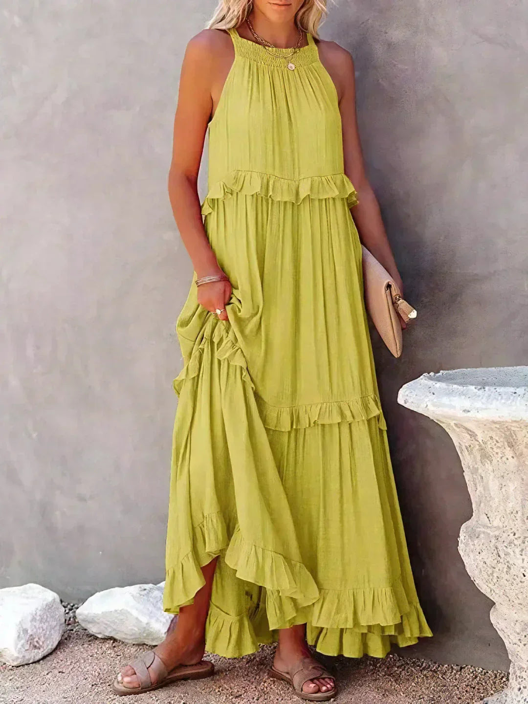 Elidi – Sunshine Breeze Halter Ruffle Maxi Dress with Pockets