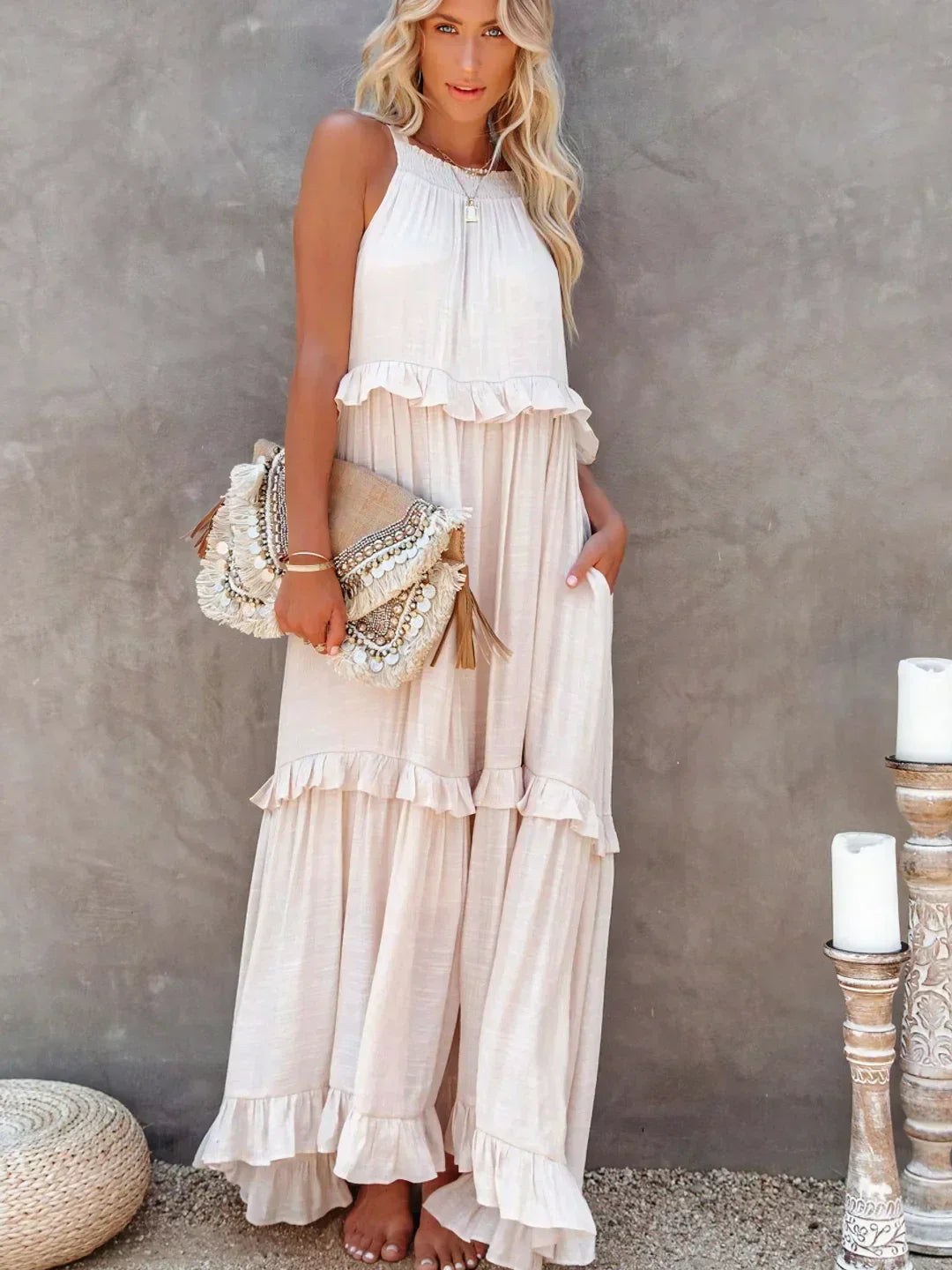 Elidi – Sunshine Breeze Halter Ruffle Maxi Dress with Pockets
