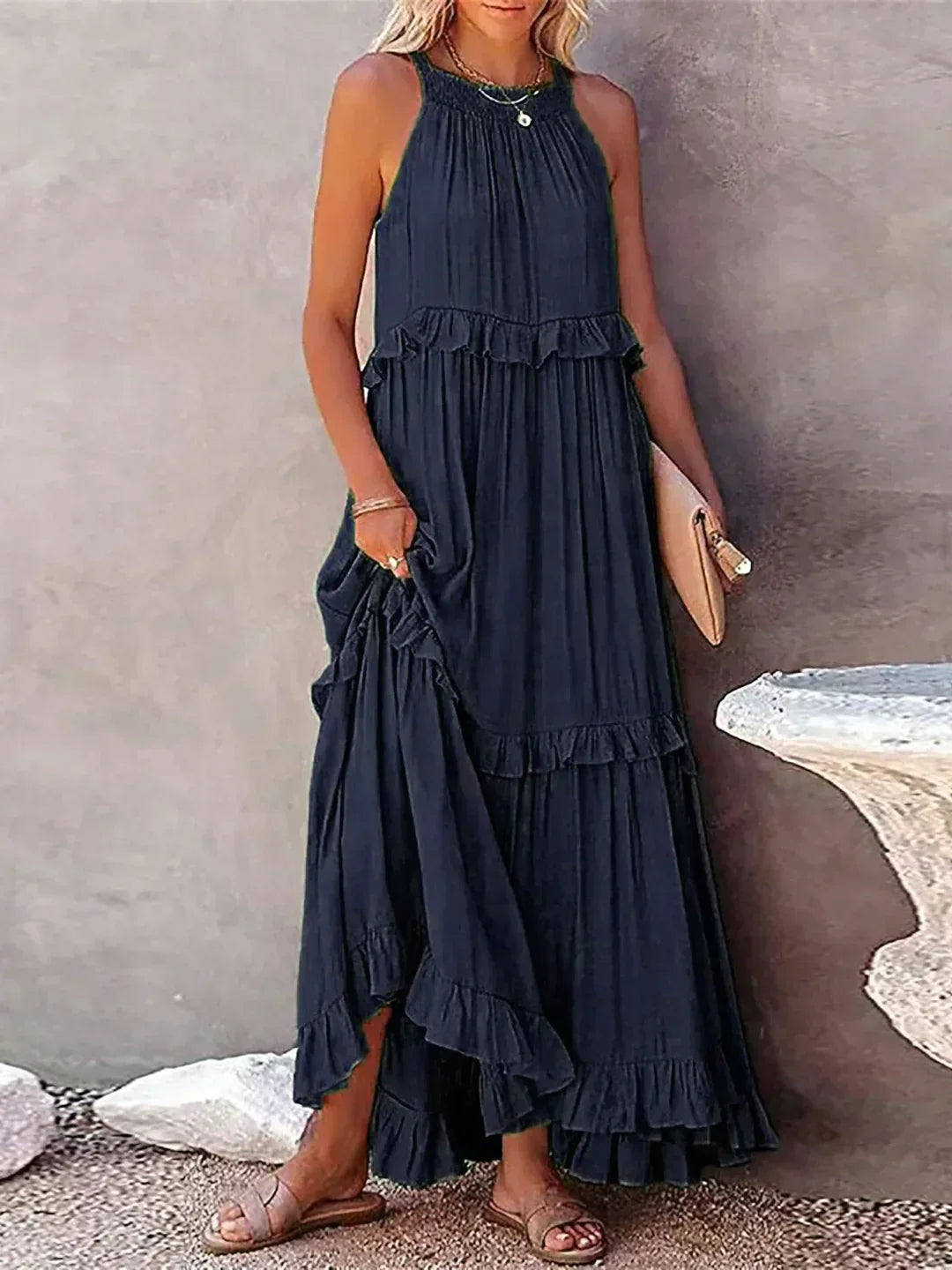 Elidi – Sunshine Breeze Halter Ruffle Maxi Dress with Pockets