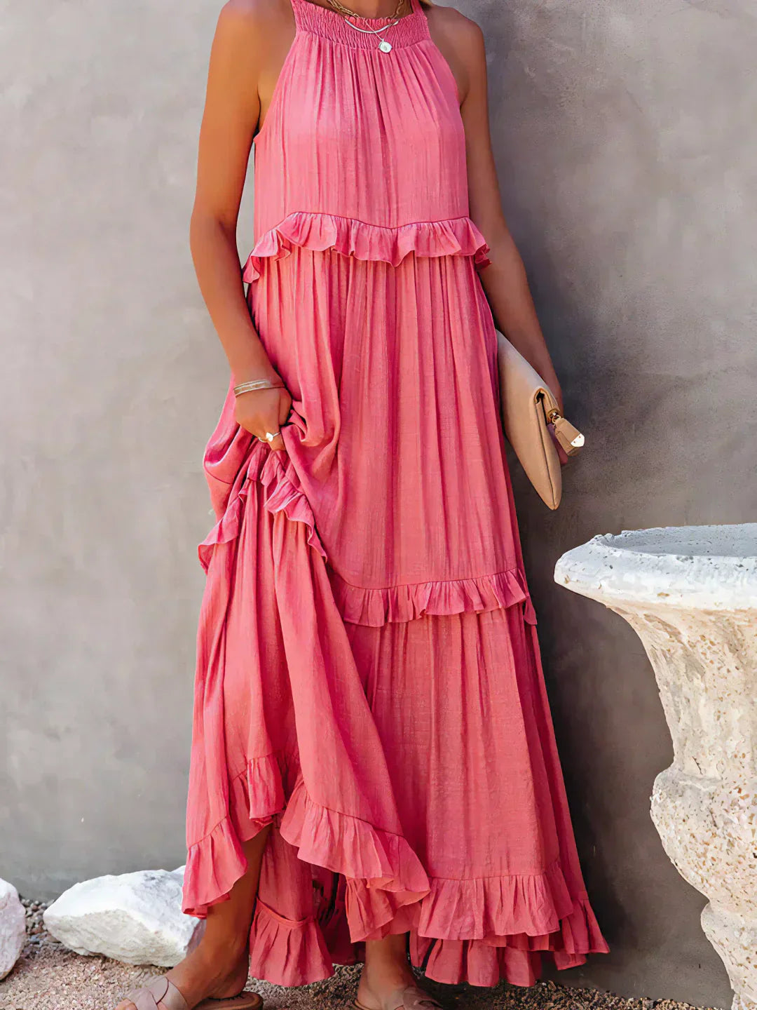 Elidi – Sunshine Breeze Halter Ruffle Maxi Dress with Pockets