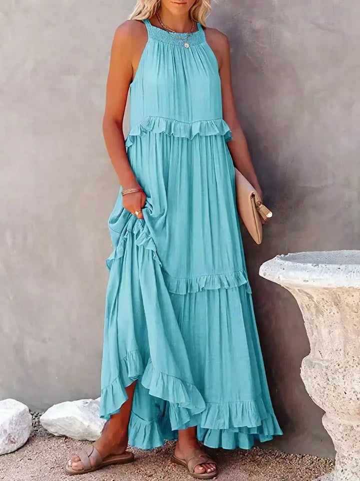 Elidi – Sunshine Breeze Halter Ruffle Maxi Dress with Pockets