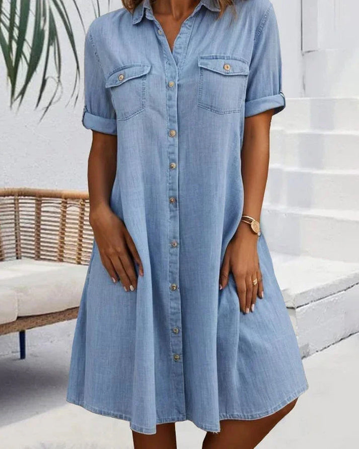 Elara – Short Sleeve Button Denim Dress