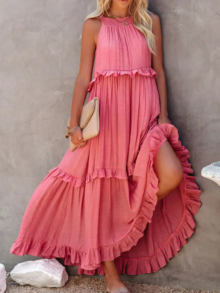 Elidi – Sunshine Breeze Halter Ruffle Maxi Dress with Pockets