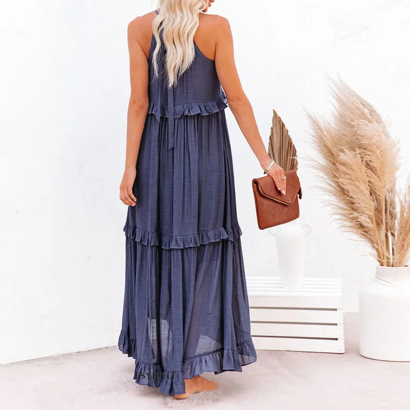 Elidi – Sunshine Breeze Halter Ruffle Maxi Dress with Pockets
