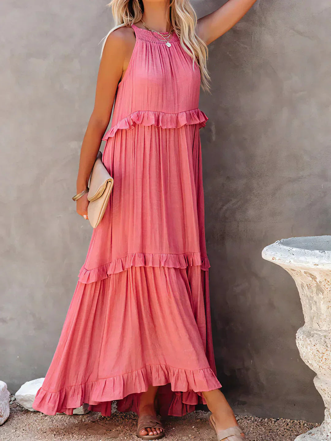 Elidi – Sunshine Breeze Halter Ruffle Maxi Dress with Pockets