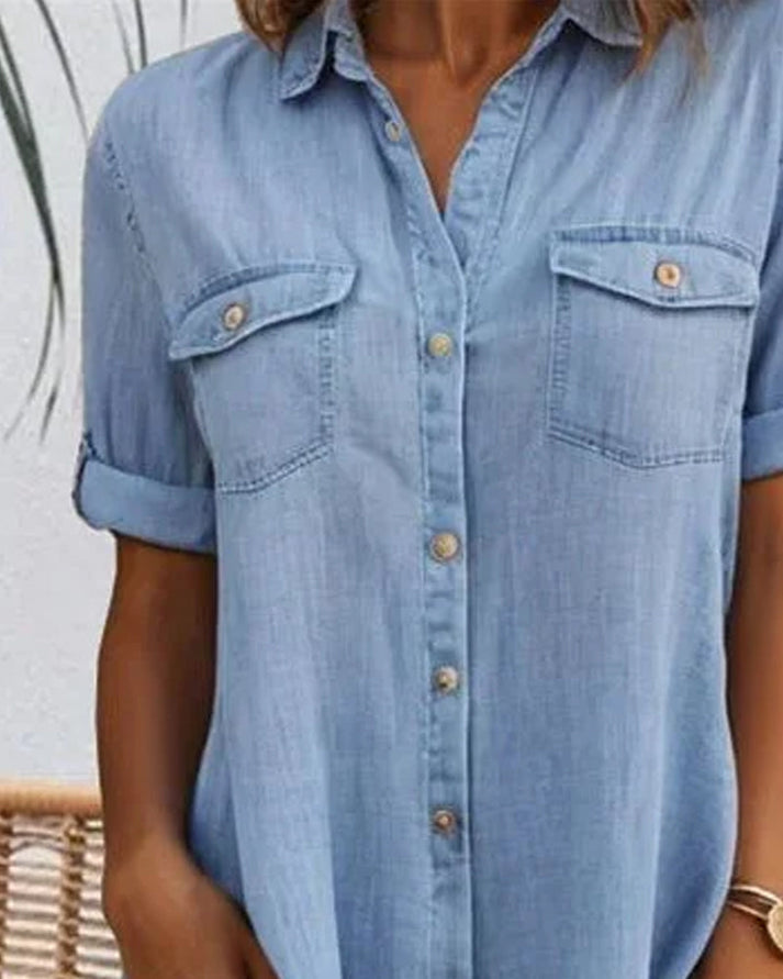 Elara – Short Sleeve Button Denim Dress