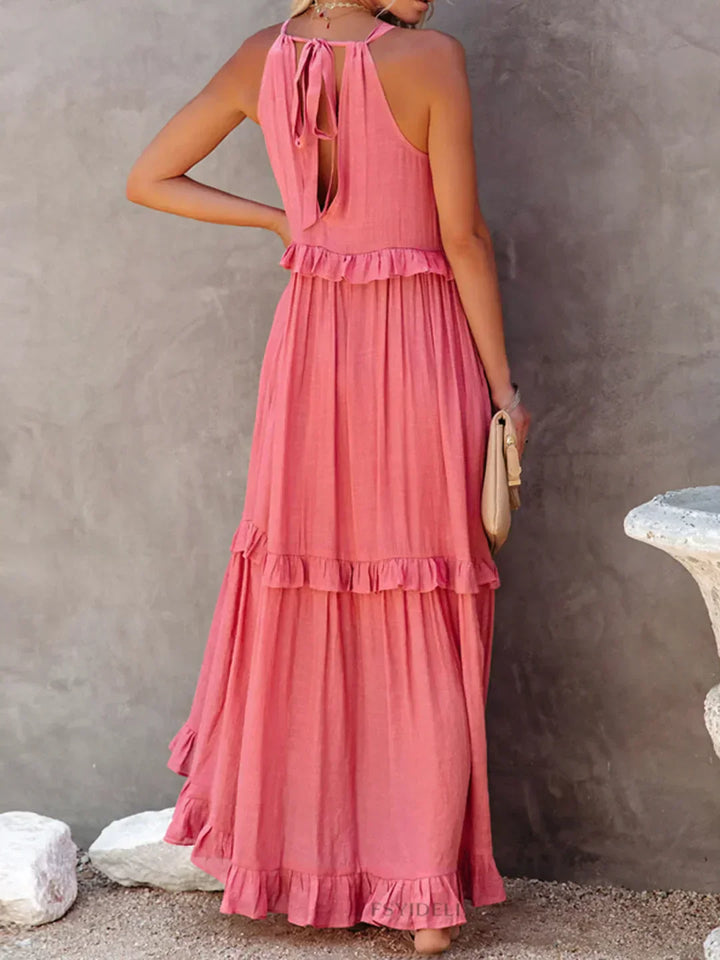 Elidi – Sunshine Breeze Halter Ruffle Maxi Dress with Pockets