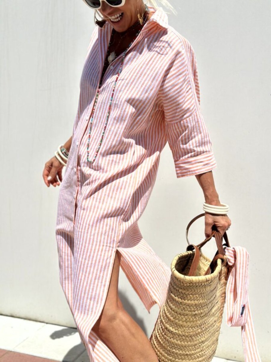 Elodie – Striped Shirt Dress with Feminine Flair
