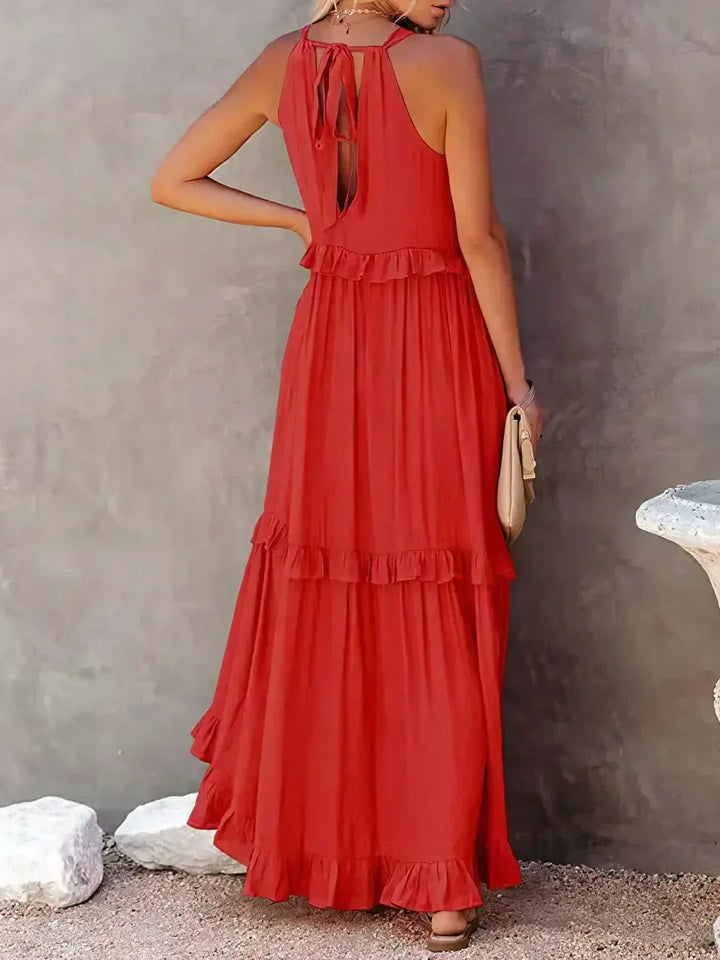 Elidi – Sunshine Breeze Halter Ruffle Maxi Dress with Pockets