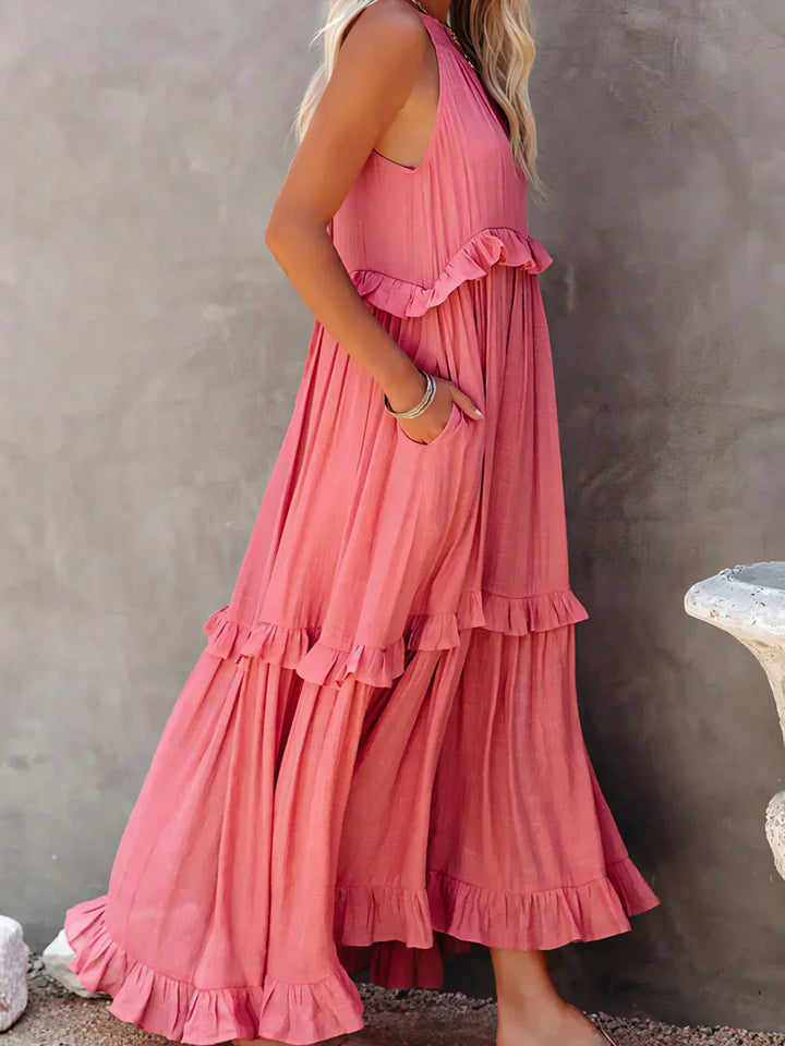 Elidi – Sunshine Breeze Halter Ruffle Maxi Dress with Pockets
