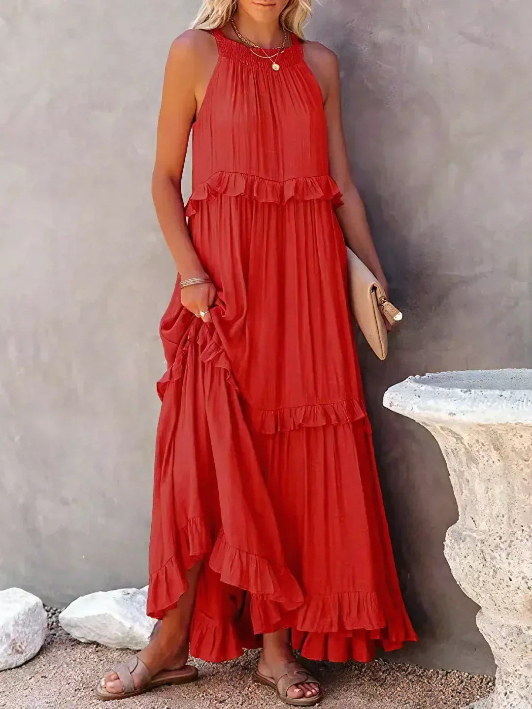 Elidi – Sunshine Breeze Halter Ruffle Maxi Dress with Pockets