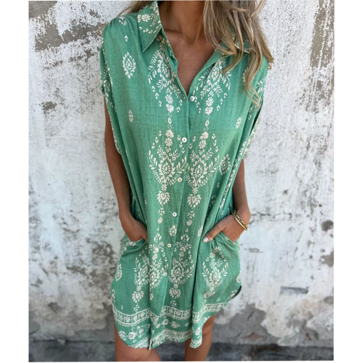 Stella – Loose Print Dress with Short Sleeves and Pockets